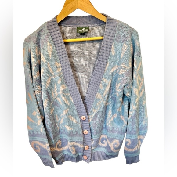 Cozy Cabin Creek Vintage Cardigan V Neck Button Up Blue & Pink Medium 90s - Picture 1 of 7